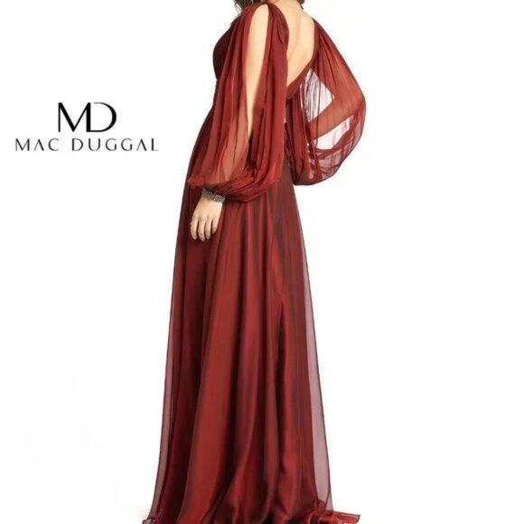 Mac Duggal 67414 Size 8 Long Sleeve V-Neck Red Chiffon Long Maxi Gown Dress - Picture 4 of 4